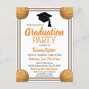 Invitation Carte Postale Basketball Orange & Black Graduation Party