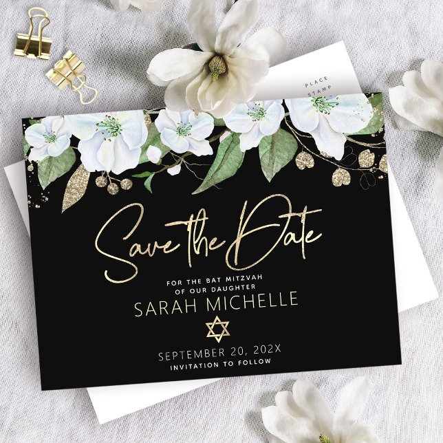 Invitation Carte Postale Bat mitzvah Black Gold Script Aquarelle Floral (Créateur téléchargé)