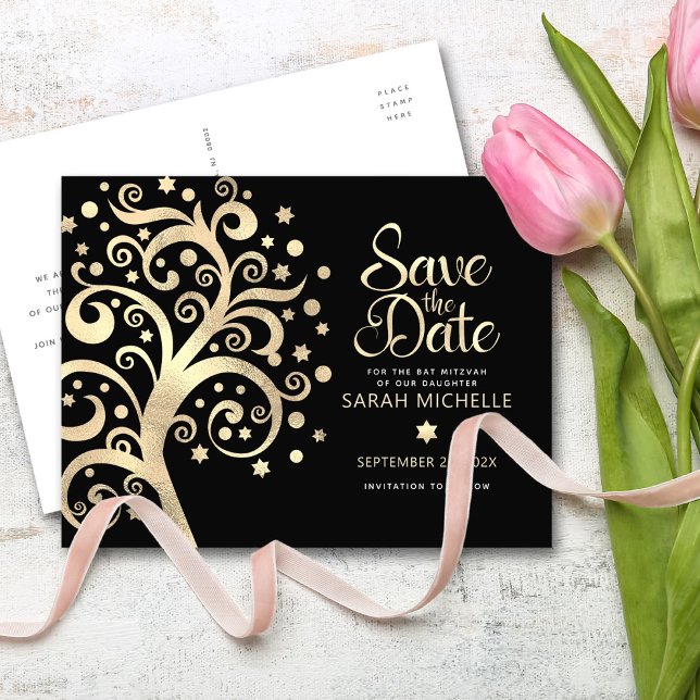 Invitation Carte Postale Bat mitzvah Date de sauvegarde Black Gold Foil Arb (Créateur téléchargé)