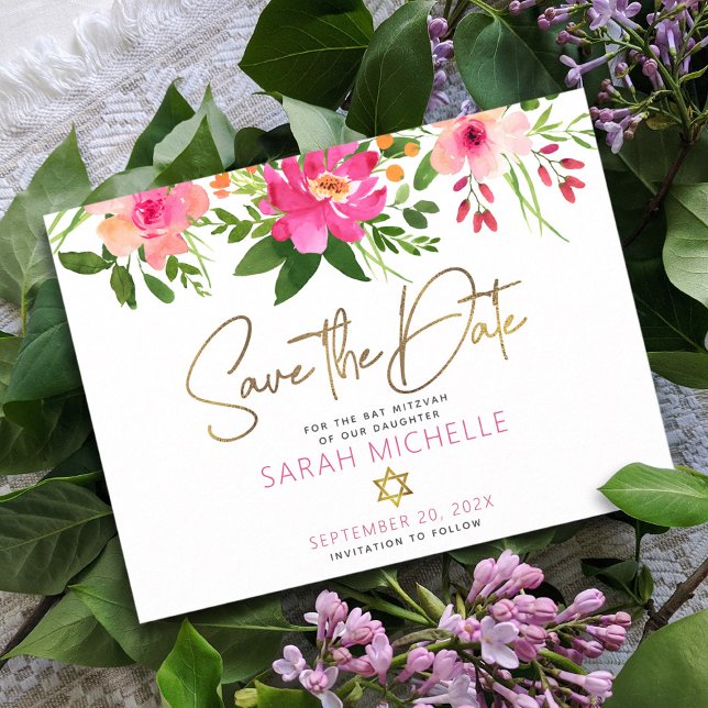 Invitation Carte Postale Bat mitzvah Enregistrer la date Floral Aquarelle S (Créateur téléchargé)