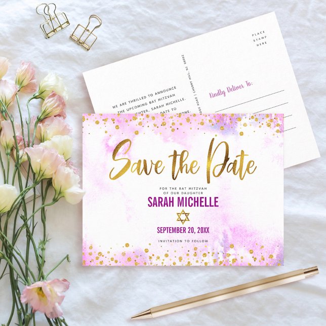 Invitation Carte Postale Bat mitzvah Enregistrer la date Gold sur Aquarelle (Créateur téléchargé)