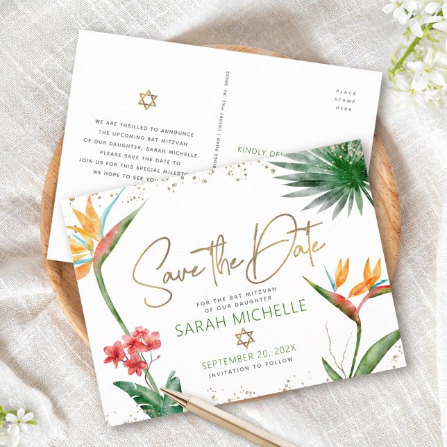 Invitation Carte Postale Bat mitzvah Enregistrer la date Tropical Floral Go (Créateur téléchargé)