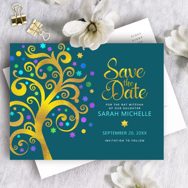 Invitation Carte Postale Bat mitzvah Enregistrer la date Turquoise Gold Tre (Créateur téléchargé)
