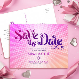 Invitation Carte Postale Bat Mitzvah Enregistrez la Date Rétro Rose Orange