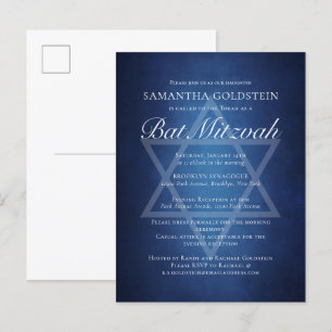 Invitation Carte Postale Batzavah Formel Typographie Bleu Blanc Moderne