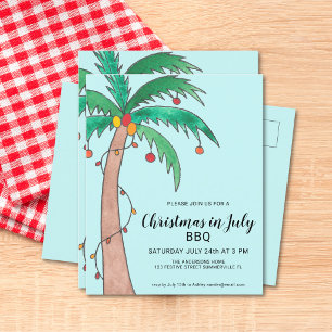 Invitation Carte Postale BBQ du Noël en juillet sous un palmier