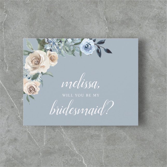 Invitation Carte Postale Be My Bridesmaid Dusty Blue Beige Fleurs Boho Inv (Créateur téléchargé)