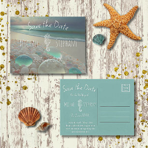 Invitation Carte Postale Beach Sea Glass Seahorse Économisez la date