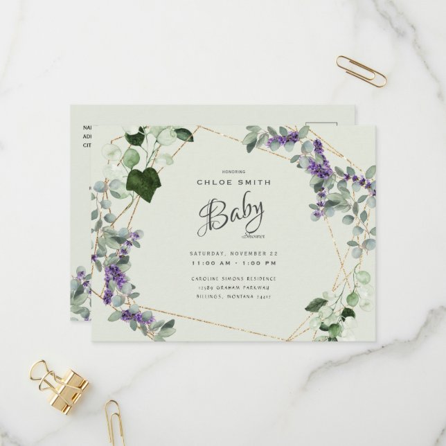 Invitation Carte Postale Beau Baby shower de liage de lavande (Devant/Arrière en situation)