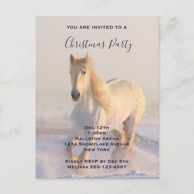 Invitation Carte Postale Beau Cheval blanc dans la neige Photo Noël (Devant)