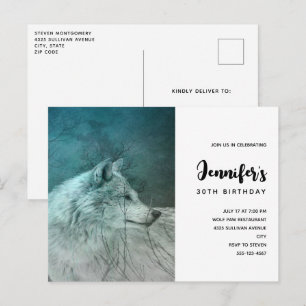 Invitation Carte Postale Beau loup gris dans une forêt foncée Anniversaire