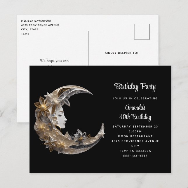Invitation Carte Postale Beau visage dans la Lune Anniversaire (Devant / Derrière)