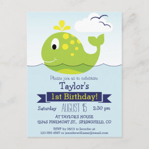 Invitation Carte Postale Bébé Baleine verte Fête d'anniversaire des enfants