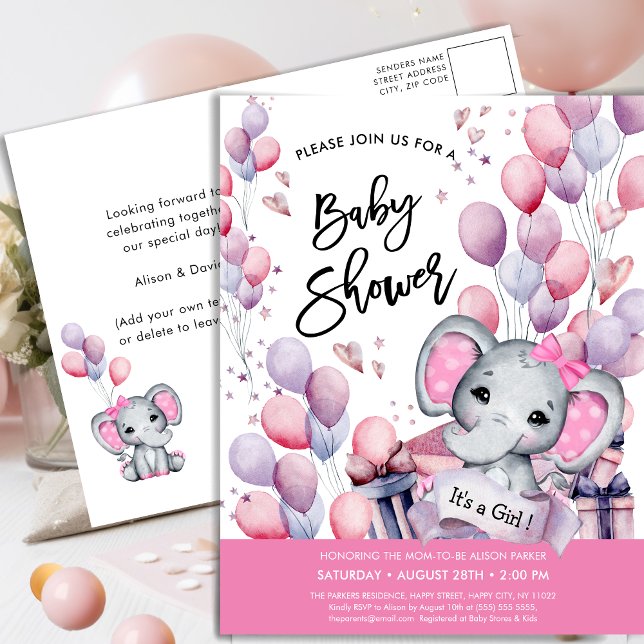 Invitation Carte Postale Bébé Eléphant Ballons roses Baby shower doux (Créateur téléchargé)