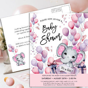 Invitation Carte Postale Bébé Eléphant Ballons roses mignonette Baby shower