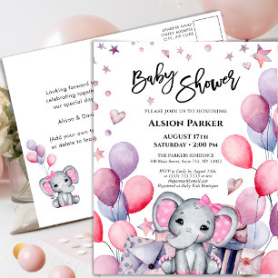 Invitation Carte Postale Bébé Eléphant Ballons roses mignonette Baby shower