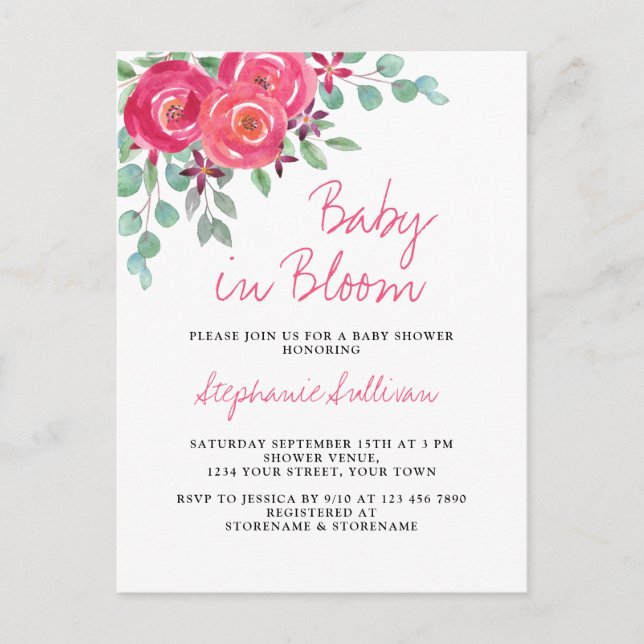 Invitation Carte Postale Bébé en Fleur Baby shower Floral rose (Devant)