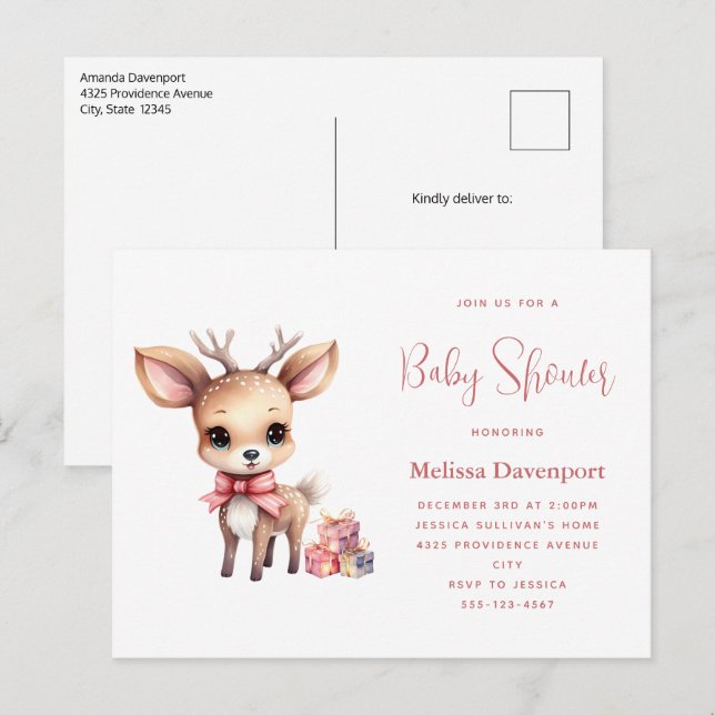 Invitation Carte Postale Bébé mignon cerf avec Baby shower cadeaux (Devant / Derrière)