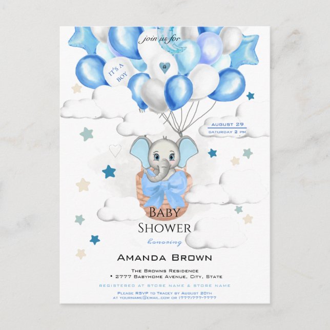 Invitation Carte Postale Bébé mignon Eléphant Ballons Panier Baby shower ga (Devant)