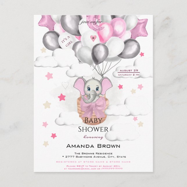 Invitation Carte Postale Bébé mignon Eléphant Balloon Panier Baby shower fi (Devant)