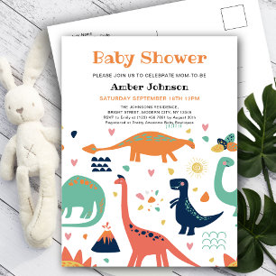 Invitation Carte Postale Bébé vert mignon orange Baby shower garçon Dinosau