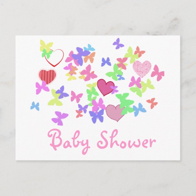 Invitation Carte Postale belle douche bébé papillons roses et coeurs (Devant)