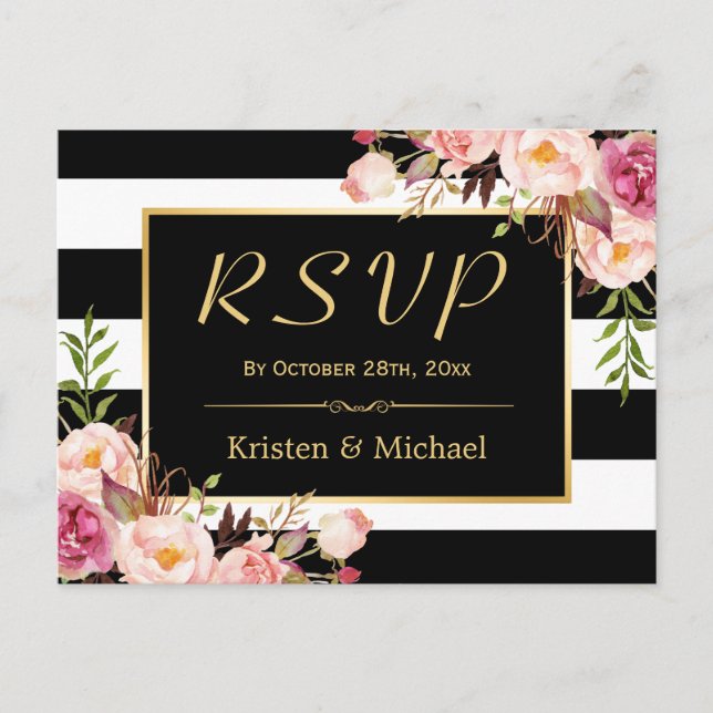 Invitation Carte Postale Belle Flore Noir Blancs Mariage RSVP (Devant)