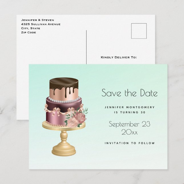 Invitation Carte Postale Belle Glam Party Gâteau Sauvez la date (Devant / Derrière)