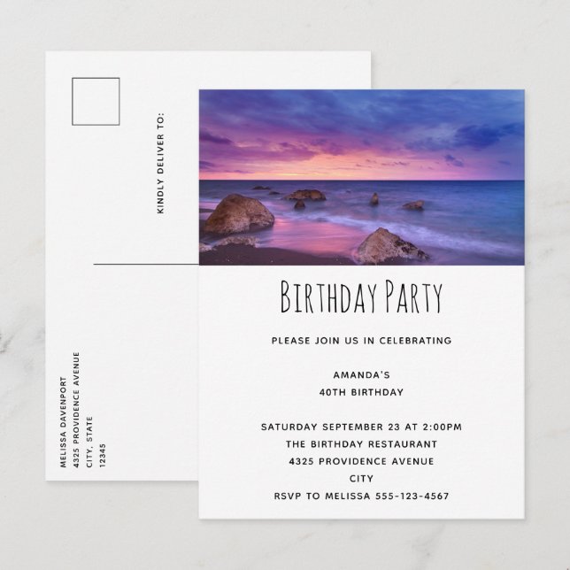 Invitation Carte Postale Belle Sunset Coastal photo Anniversaire (Devant / Derrière)