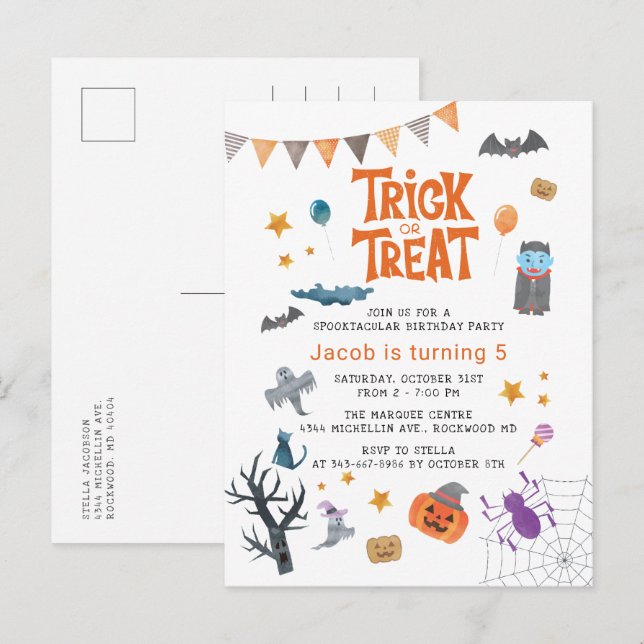 Invitation Carte Postale Belle Trick ou traiter Halloween 5e anniversaire f (Devant / Derrière)