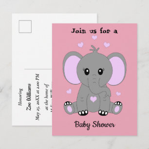 Invitation Carte Postale Bignon éléphant en rose, baby shower