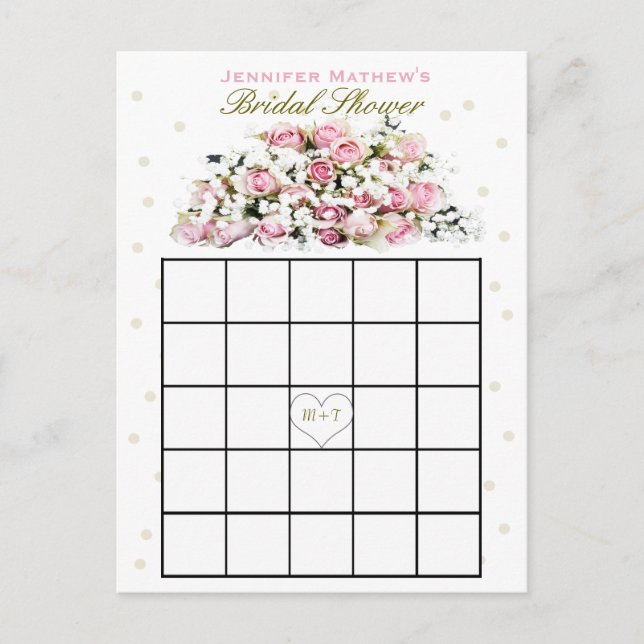Invitation Carte Postale Bingo Fête des mariées | Roses rose (Devant)