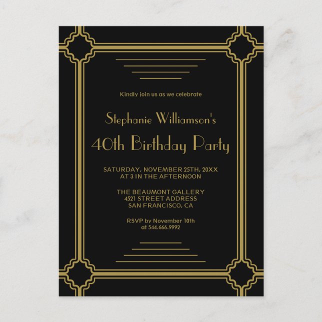 Invitation Carte Postale Black & Gold Art Déco Frontière fête d'anniversair (Devant)