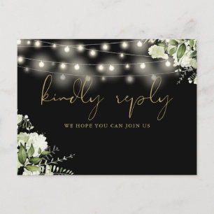 Invitation Carte Postale Black Gold Floral String Lights Song Request RSVP