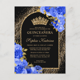 Invitation Carte Postale Black Royal Blue Gold Parties scintillant Floral Q