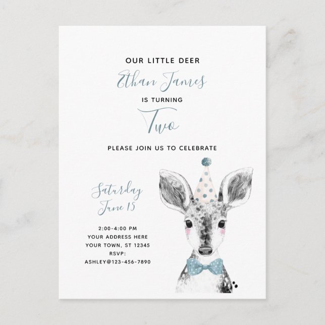 Invitation Carte Postale Black & White Blue Deer Boy 2e anniversaire (Devant)