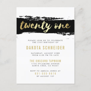 Invitation Carte Postale Black, White & Gold Vingt-et-unième fête d'anniver