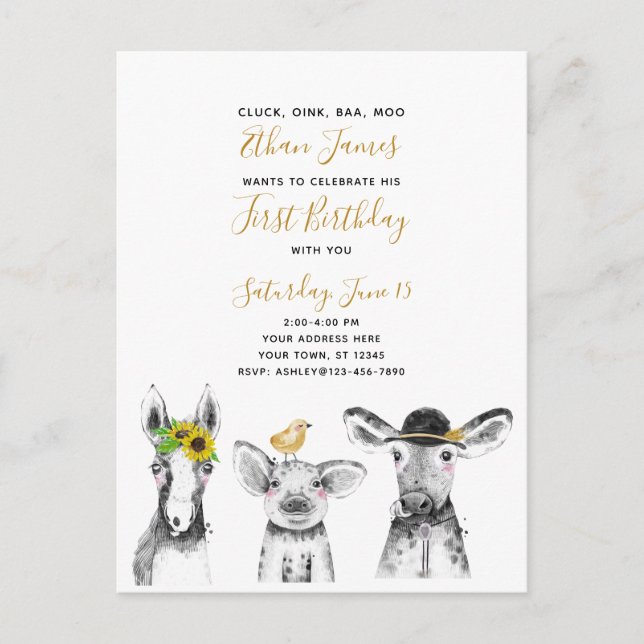 Invitation Carte Postale Black White Jaune Script ferme 1er anniversaire (Devant)