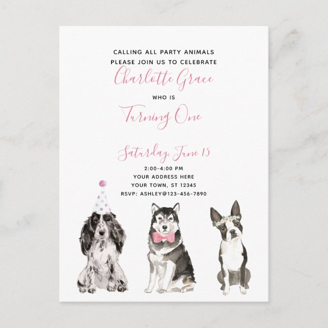 Invitation Carte Postale Black White Pink Script Fille de 1er anniversaire (Devant)