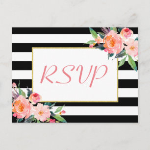 Invitation Carte Postale Black White Stripes Floral Gold Wedding Réponse RS