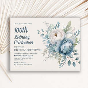 Invitation Carte Postale Blanc bleu Vintage Floral Femmes 100e anniversaire