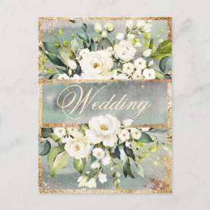 Invitation Carte Postale Blanc Floral or Mariage de crème botanique
