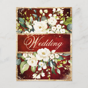 Invitation Carte Postale Blanc Rouge or botanique Floral Rustique Mariage
