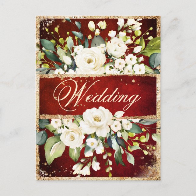 Invitation Carte Postale Blanc Rouge or botanique Floral Rustique Mariage (Devant)