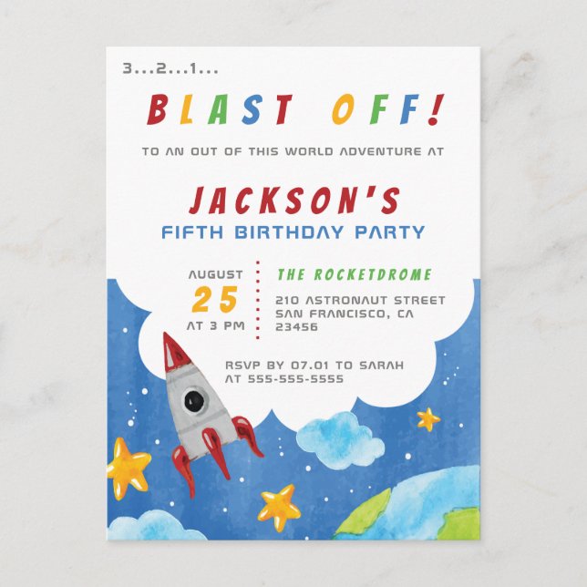 Invitation Carte Postale Blast Off ! | Fête d'anniversaire de la fusée spat (Devant)