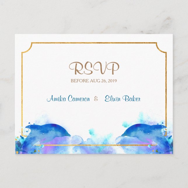 Invitation Carte Postale Bleu Aquarelle Dolphin RSVP Postale (Devant)