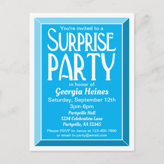 Invitation Carte Postale Bleu Art Déco Beveled Anniversaire Surprise Party (Devant)