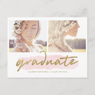 Invitation Carte Postale Bleu branché et Gold Deux Photo Graduation Party