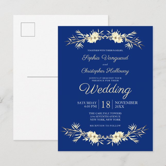 Invitation Carte Postale Bleu classique hiver Floral Mariage de blé d'hiver (Devant / Derrière)