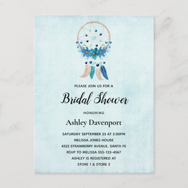 Invitation Carte Postale Bleu Dreamcatcher avec Fleurs & Plumes (Devant)